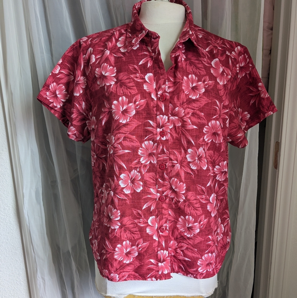 LL Bean Red Hibiscus Flower Hawaiian Blouse Top
